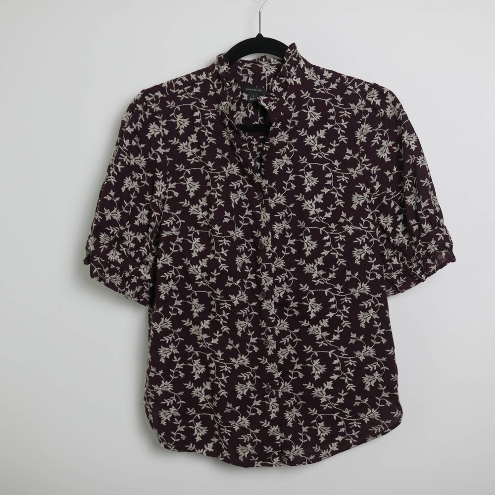 Ann Taylor Dark Plum Cream Embroidered Floral Ruffled Blouse
